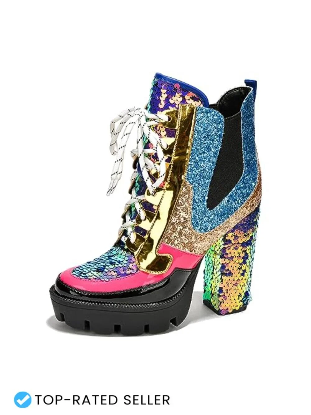 Faux Leather Rhinestone Cowboy Ankle Booties with Block Heel & Zip
